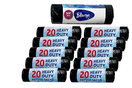 Image of Bllu Eye 200 x Black Bin Bags Refuse Sacks Bin Liners Heavy Duty - (18x29x39 inches)|