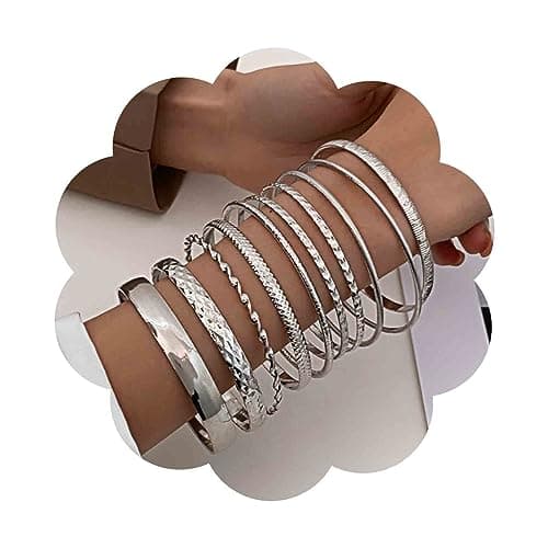 Image of Aneneiceera Punk Layered Bangle Bracelet Set Silver Chunky Bangle Cuff Bracelet Metal Cuff Bangle Bracelets Multi Layer Textured Cuff Bracelet Chunky Hammered Jewelry for Women and Girls 10Pcs(Silver)
