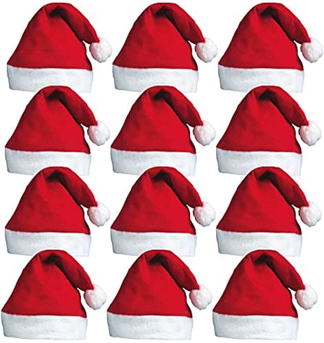 Image of 12pc Christmas Santa Hat Pack - Red Santa Hat Multipack for Father Christmas Fancy Dress Accessories - Fun Festive Headwear Xmas Accessories for Xmas Office Party
