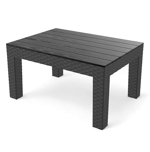 Image of URBN GARDEN Black Rattan Coffee Table Stylish Outdoor Bistro Patio Furniture with Wood-Look Top, Perfect for Garden, Balcony, or End Patio Setting