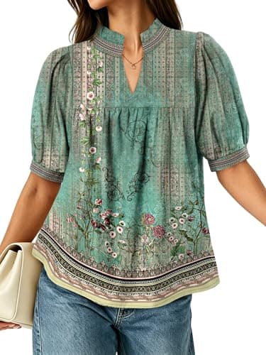 Image of KISSMODA Womens Puff Sleeve Ruffle V Neck Blouses Babydoll Peplum Pleated Shirts Summer Casual Elegant Loose Fit Tunic Tops for Leggings