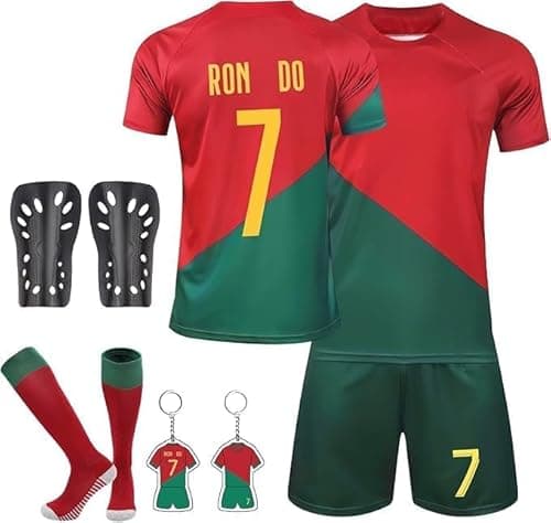 Image of Pianocean Kids Football Kit, Football Training Shirts with Shorts, Socks Football Guard Plate and Keychain Football Kits for Kids Home and Away No. 7/9 Football Jerseys Kits Gifts for Boys Red
