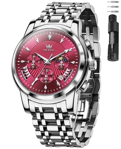 Image of OLEVS Watches for Men Luxury Stainless Steel Mens Dress Watch Easy to Read Big Face Diamond Chronograph Casual Analog Roman Numerals Reloj para Hombre, Silver Band Red Face-2892, ROUND, Casual Classic