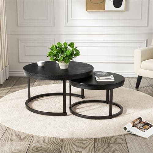 Image of Hawthyhome Coffee Tables, Round Nesting Tables Tet of 2, Modern Side Tables with Metal Frame, Industrial Stacking End Tables for Living Room Bedroom Office, 60 * 60 * 45cm, Black