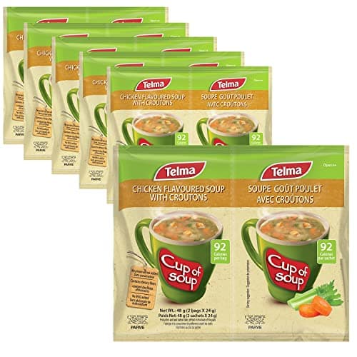 Image of Telma Chicken Flavoured Soup with Croutons – 6 Pack (12 Sachets x 24 grams) – Instant Cup of Soup – 92 Calories – No Preservatives – Kosher Parve – Quick & Easy Meal or Snack – Savoury & Tasty