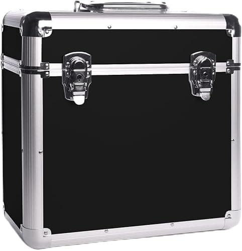 Image of Vinyl LP Storage Box | 12" Record Case | Heavy Duty Lockable Aluminium Box | Vinyl Record Storage | Large Capacity Holds Upto 50 | DJ Metal Case (Black)