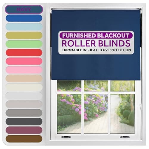Image of FURNISHED Roller Blinds Thermal Blackout Roller Blind - Trimmable Insulated UV Protection Child Safe Easy Fit Home Office Window Blinds, Navy Blue, 60 cm Wide x 165 cm Long
