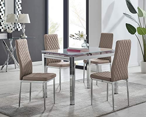 Image of Furniturebox UK Enna White Tinted Glass Extending Dining Table and 4 Cappuccino-Coloured Diamond Quilted Chrome Metal Leg Milan Chairs Modern Dining Set