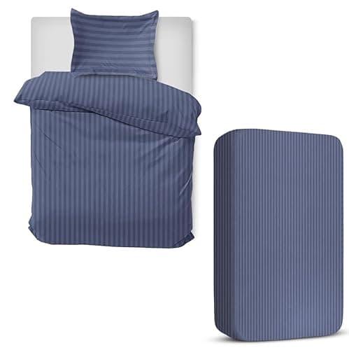 Image of MOONLIGHT20015 3 Piece Single Bedding Set Satin Stripes Duvet Cover Fitted Sheet with Pillow case Hotel Quality Soft Brushed Microfiber Washed Blue