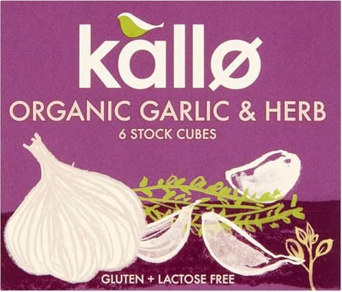 Image of Kallo Organic Garlic & Herb Stock Cubes, Gluten Free, Vegan & Coeliac Friendly, No Artificial Colours, Flavours or Preservatives, Premium Veg Stock for Broth, Soup, Sauce & Gravy, 90 Pack – 15 x 66g