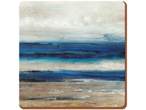 Image of Creative Tops Coasters Set of 4, Premium Wooden Cork-Backed Coasters with Abstract Ocean Design, 10.5cm (4'')