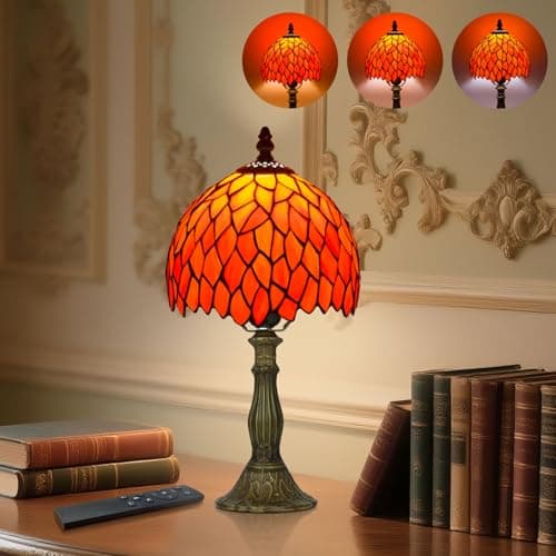 Image of Tiffany Style Table Lamp for Bedroom - Remote Control Stained Glass Lamp with Timer, Stepless Dimmable and Colorful Glass Shade Bedside Lamps for Living Room Office, Bulb Included (Orange)