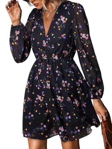 Image of CUPSHE Women's Floral Print Chiffon A-Line Mini Dress Long Peasant Sleeves Elastic Autumn Dress Black Ditsy L