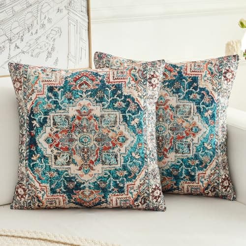 Image of HZYKDWD Boho Cushion Covers 45x45 cm Set of 2,Boho Vintage Carpet Pattern Antique Ethnic Decor Double Sided Pattern Throw Pillow Covers Soft Pillow Case Living Sofa Room Bed Square Pillow Cover