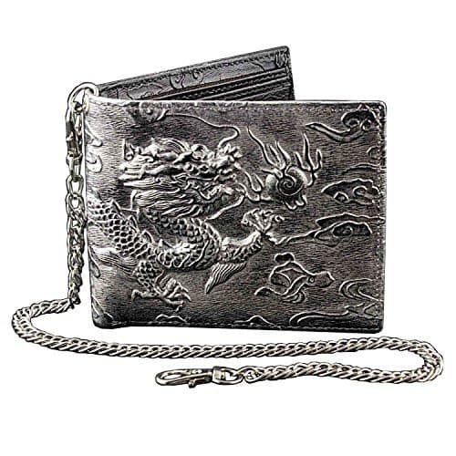Image of XIXTUT Mens Dragon Vintage Silver Grey Leather Wallet Card Holder Purse With Chain