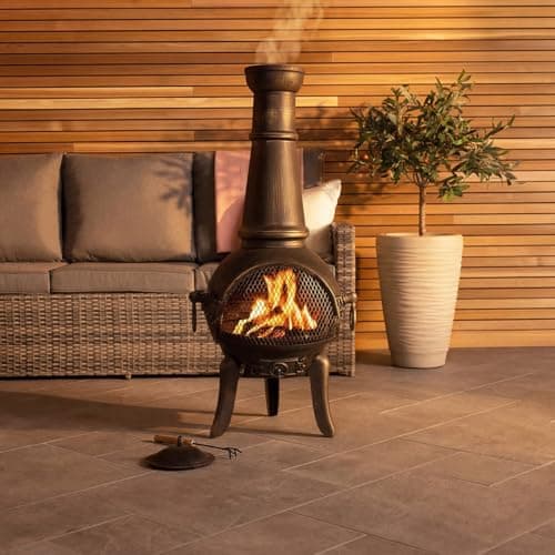 Image of CHARLES BENTLEY Outdoor, Garden, Patio, Extra-Large Open Bowl Mesh Cast Iron and Steel Chiminea, Patio Heater, Easy To Assemble, Grill And Poker Included, BBQ Grill Included, Tripod, Black (120x43cm)
