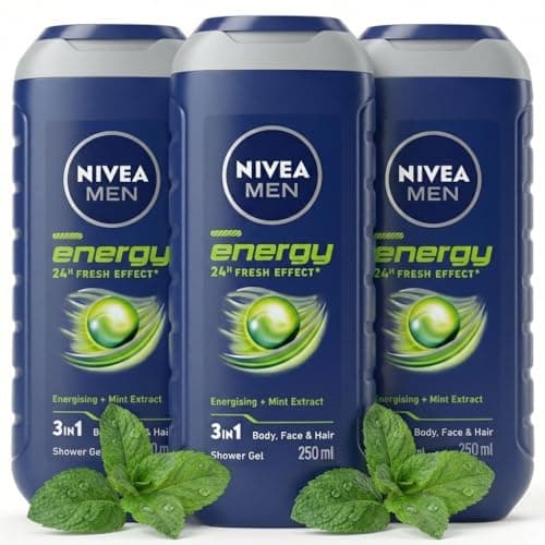 Image of NIVEA MEN Energy Shower Gel Pack of 3 (3 x 250ml), Moisturising Body Wash for Men with Mint Extract, 3-in-1 Mens Shower Gel for Body Face Hair, Energising Mens Grooming Essentials