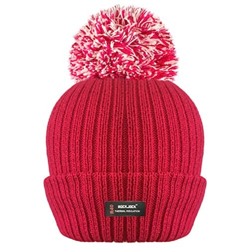 Image of RockJock R40 Ladies Womens Winter POM POM Ribbed Beanie HAT with Advanced Thermal Insulation Red