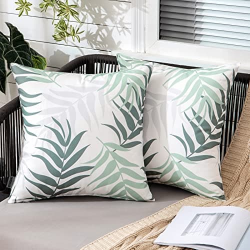 Image of MIULEE Outdoor Cushion Covers Waterproof Polyester Throw Pillow Cover Square Decorative Pillowcase with Leaf Patterns for Garden Sofa Livingroom Bedroom Tent Park 2 Pieces 18x18 Inch Green Grey