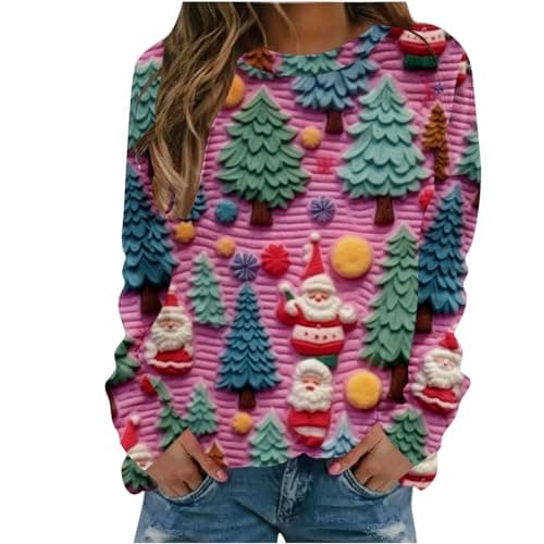 Image of AnnSemo Womens Long Sleeve Merry Christmas Slogan Print Xmas Sweatshirt Ladies Round Neck Christmas Tree Jumper Top Pull Over Cardigan for Winter UK Size 8-14 XQM 3