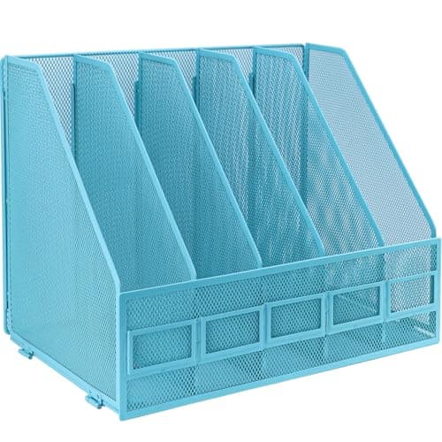 Image of IOUGDSEC A4 File Holder Folding Bookshelf, 5 Vertical Compartments magazine file holder, Desk Organizer Document Folder for Office School and Home, Sky Blue