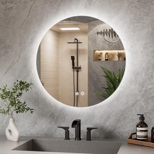 Image of TETOTE 60cm Round LED Bathroom Mirror with Lights, Illuminated Vanity Mirror for Wall, Backlit Anti-Fog Mirror with 3 Colors Dimmable, Memory Function, HD Tempered Glass IP44, Horizontal/Vertical