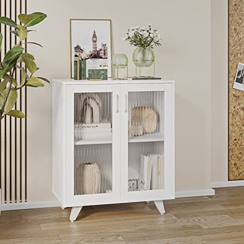 Image of Panana Kitchen Sideboard Wood Storage Cabinet Accent Cupboard with 2 Doors and Shelf for Dining Room, Living Room, Entryway (White, 69cm)