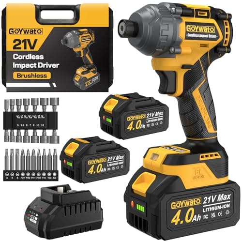 Image of GoYwato 21V Cordless Impact Driver - 1/4" Hex Chuck Power Impact Drivers w/Brushless Motor & 2 x 4.0Ah Battery & Carry Case & Sockets & Screwdriver Bits - Impac Driver for Home Repair DIY Projects