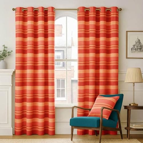 Image of HOMESCAPES Terracotta Eyelet Curtain Pair 167cm (66") Wide x 228cm (90") Drop Morocco Stripe Design Ring Top Curtain Pair