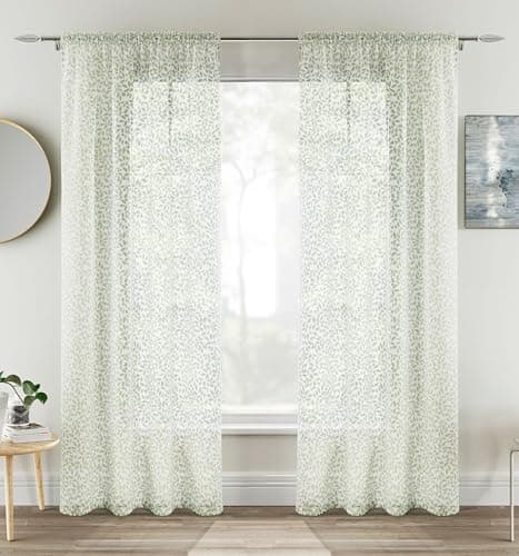 Image of Tyrone Textiles Pair of Willow Green Leaf Print Linen Look Sheer Voile Panels 122 CMS