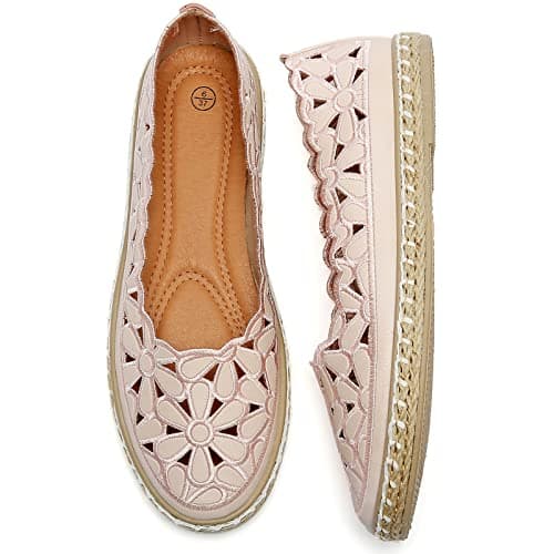 Image of HEAWISH Women’s Ballet Flat Daisy Round Toe Dress Shoes Casual Slip On Rope Loafer, Pink, 8 UK
