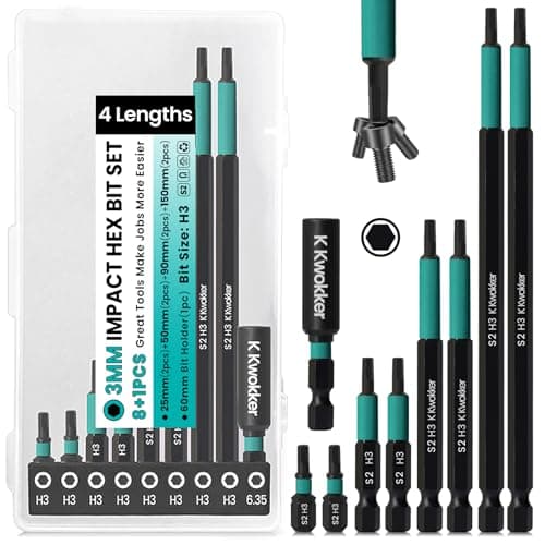 Image of 3mm Allen Key Bit, 9pcs Allan Key Drill Bit Set Impact Screwdriver Driver Bits 25mm+50mm+90mm+150mm Long, Hex 3mm Impact Power Tool Bit Set 1/4" Hex Shank S2 Steel