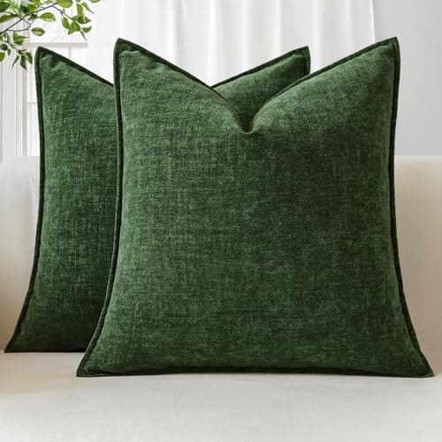 Image of Sungeek Set of 2 Soft Chenille Cushion Covers 45x45cm Square Decorative Throw Pillow Covers with Stitched Edge Solid Dyed Pillow Cases Covers for Home Decor Couch Sofa Bed Living Room, Green