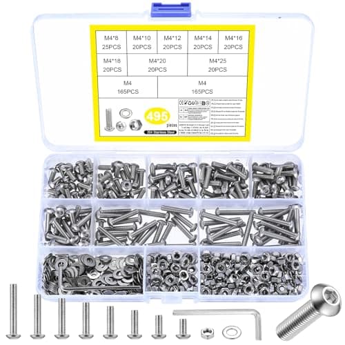 Image of M4 Screws Set, 495 Pcs Nuts and Bolts Set, Hex Socket Head Cap Bolts and Nuts, Hex Socket Button Head Cap Screw and Washers, Round Stainless Steel Machine Screws Assortment(M4)