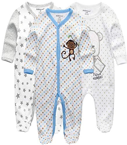 Image of Kiddiezoom Baby Boys Cartoon Giraffe 100% Organic Cotton 2-Pack Coverall Romper JumpSuit, Gray Bear & Star & Light Blue Monkey, 3-6 Months