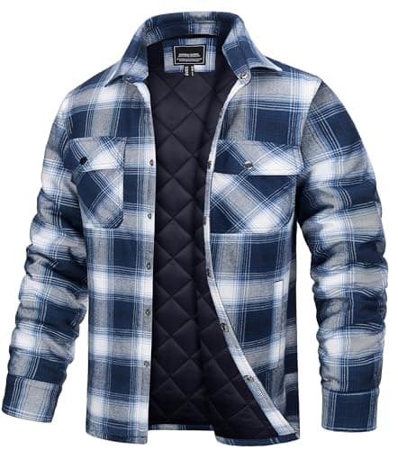 Image of TACVASEN Lumberjack Jacket Mens Quilted Padded Work Shirt Long Sleeve Cotton Checked Jacket Cotton Plaid Flannel Jacket Blue White,3XL