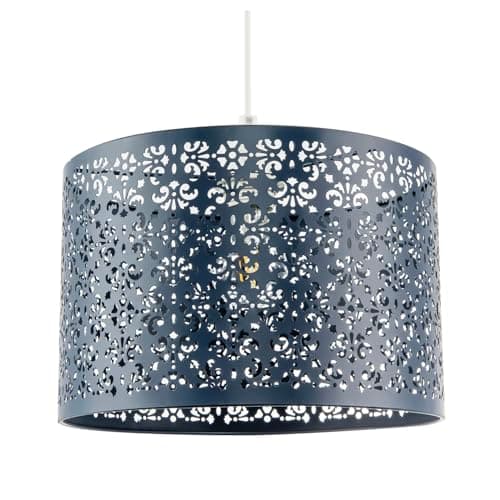 Image of Unique Moroccan Designed Navy Midnight Blue Metal Circular Pendant Light Shade with Floral Decor | 30cm Diameter | Maximum 11watt LED Allowed by Happy Homewares