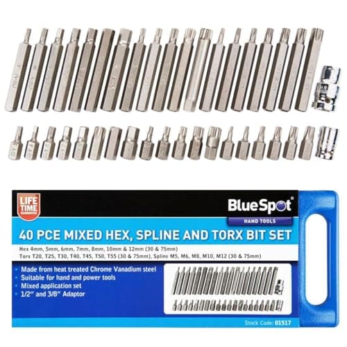 Image of Blue Spot Tools 1517 BlueSpot 40 PCE 1/2" & 3/8" Mixed Hex, Spline and Torx Bit Set, Silver, Set of 40 Pieces