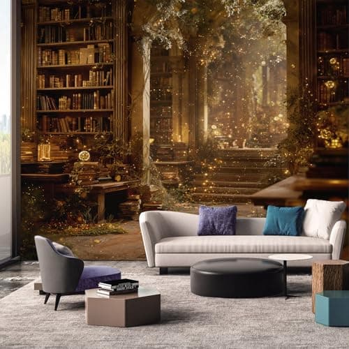 Image of Library Wallpaper, Vintage Antique Fantasy 3D Mural Wallpaper, Library Room Decor Wall Art for Living Room Bedroom Kitchen 130L x 80W cm