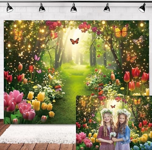 Image of INRUI 7x5ft Spring Enchanted Garden Photography Backdrop Fairytale Forest Floral Butterfly Wonderland Party Photo Decoration