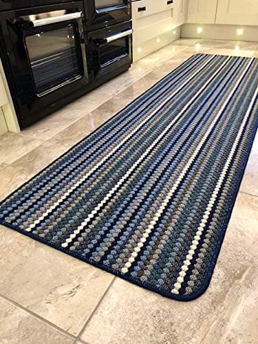 Image of RUGS SUPERSTORE Non-Slip Kitchen Runner Rug, Modern Washable Mat, Navy Blue Grey Cream Stripe Pattern (57x180cm)