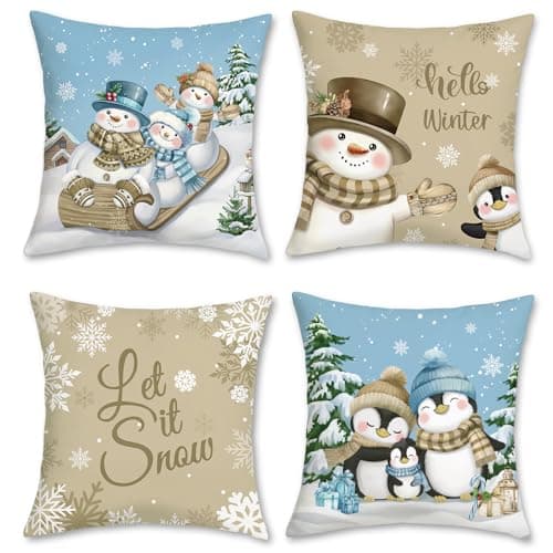 Image of Bonhause Hello Winter Cushion Covers 45 x 45 cm Snowman Penguin Snowflake Khaki Blue Decorative Throw Pillow Covers for Sofa Couch Bed Home Winter Holiday Decor Set of 4