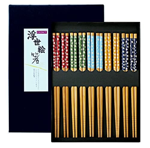 Image of Exzact Chopsticks Gift Set 10 Pairs of Reusable Natural Bamboo Chopsticks in a Beautiful Black Handmade Box – Decorated Japanese Style