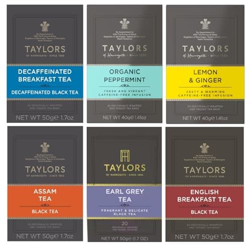Image of Taylors of Harrogate Tea Variety Pack 20 Individually Wrapped & Tagged Bags (Pack of 6, Total 120) – Decaf Breakfast, Assam, Lemon Ginger, Earl Grey, Peppermint & English Breakfast