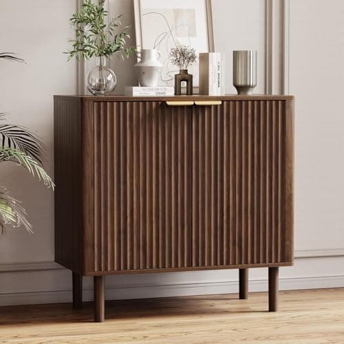 Image of IKALIFE Sideboard Storage Cabinet, Modern Fluted Sideboard with Doors and Adjustable Shelves, Wooden Buffet Cabinet, Cupboard Storage Unit for Kitchen Living Room Hallway, Walnut