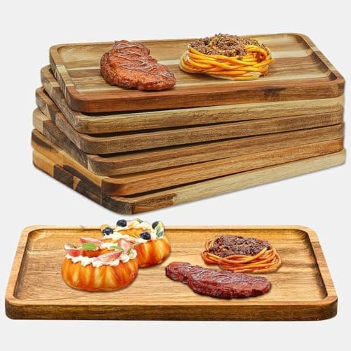 Image of 6 Pcs Rectangular Acacia Wood Serving Tray, 30 x 20 cm Large Wooden Serving Platters, Natural Wood Cheese Charcuterie Boards for Display Food, Cookie, Dessert, Fruit, Snack, Vegetable