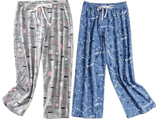 Image of MIA LUCCE Pyjama Bottoms Womens Capri Cropped Pyjamas for Women Stretch Drawstring Soft Pj Bottoms Soft Lounge Sleepwear(Grey Coffee Blue Star,XXL)