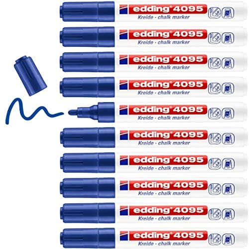 Image of edding 4095 Chalk Marker - Blue - 10 Chalk pens - Round tip 2-3 mm - Medium-Tipped Wet Wipe Pen for chalkboards, Windows, Glass, Mirrors - Liquid Chalk Marker pens for Opaque Coverage
