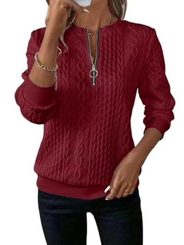 Image of Sukiglam Sweatshirts for Women UK Casual Crew Neck Half Zip Jumper Textured Oversized Sweatshirt Without Hood Basic Loose Fit Pullover Ladies Long Sleeve Tops Autumn Winter Fashion Going Out Outfits