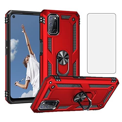 Image of Asuwish Phone Case for OPPO A72/A92/A52 with Tempered Glass Screen Protector Cover and Stand Ring Holder Hard Shockproof Magnetic Heavy Duty Accessories A 72 92 52 2020 OPPOA52 Cases Women Men Red